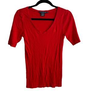 Ralph Lauren Sport Vintage Womens Tee M Red Blouse Top 90s Y2K V Neck Ribbed